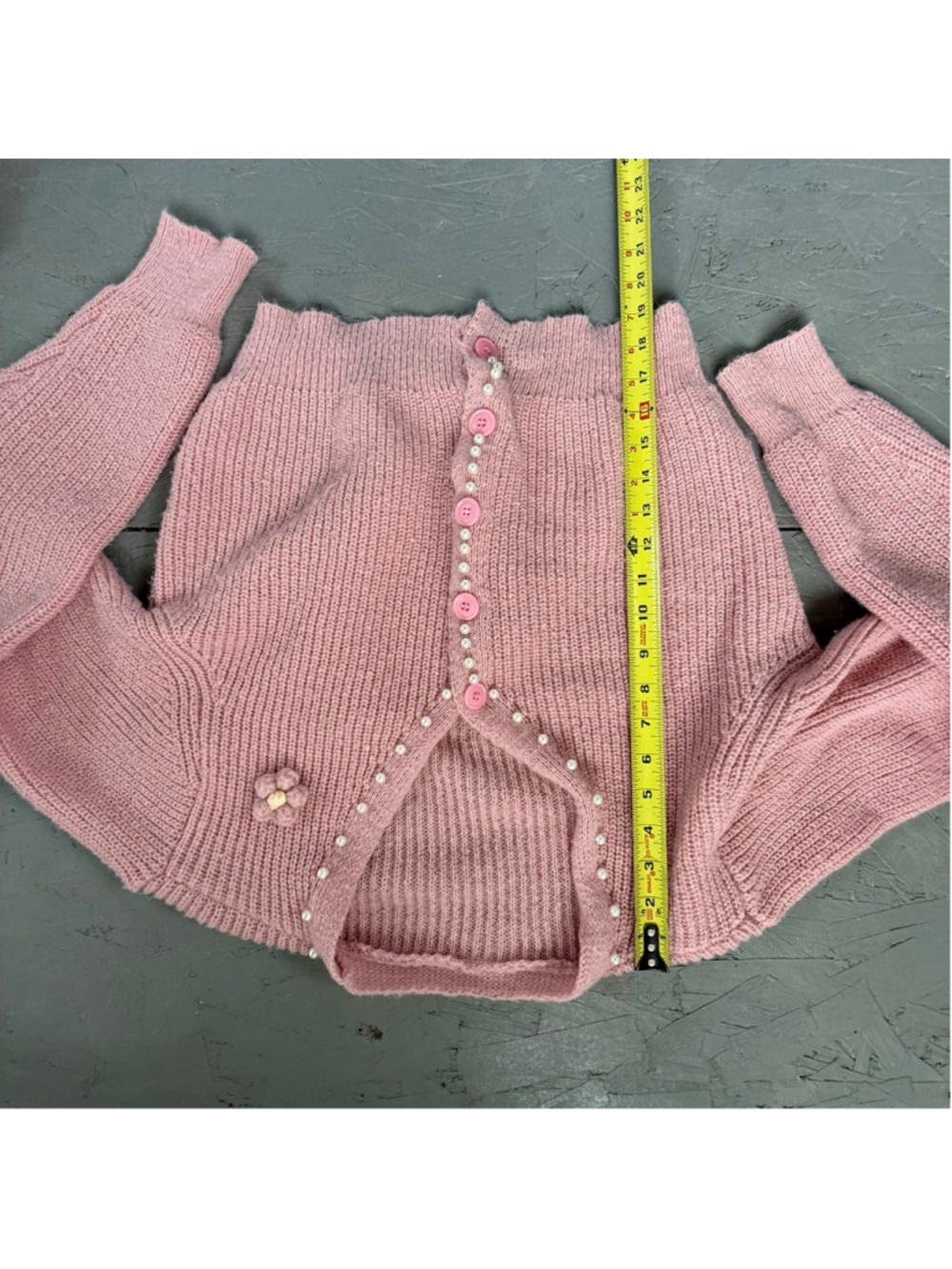 Vintage Pink Pearl Trim Knit Cardigan w/ Crochet Flower Small - Picture 6 of 6